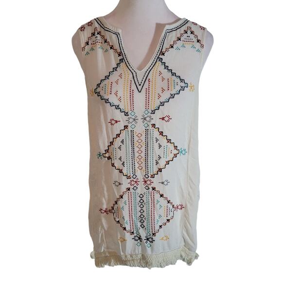 Knox Rose Size M Boho Embroidered Sleeveless Top in Beige Caftan Neckline - Picture 1 of 10